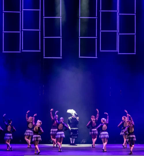 The Flings & Things Highland Dancers, Scotland, perform together with Top Secret Drum Corps member Maurice Weiss, center, on stage during the dress rehearsal for the show &ldquo;Top Secret and Friends&rdquo; on Thursday, September 10, 2026, at the Musical Theater Basel. The show runs from September 10 to 13, with around 10,000 visitors expected to attend the seven performances. (Handout/V-MEDIA/Patrick Straub)EDITORIAL USE ONLY