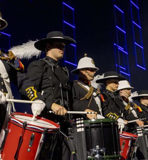 The Top Secret Drum Corps, Switzerland, and The Massed Corps of Drums of The Band of His Majesty&rsquo;s Royal Marines, United Kingdom, perform together on stage during the dress rehearsal for the show &ldquo;Top Secret and Friends&rdquo; on Thursday, September 10, 2026, at the Musical Theater Basel. The show runs from September 10 to 13, with around 10,000 visitors expected to attend the seven performances. (Handout/V-MEDIA/Patrick Straub)EDITORIAL USE ONLY