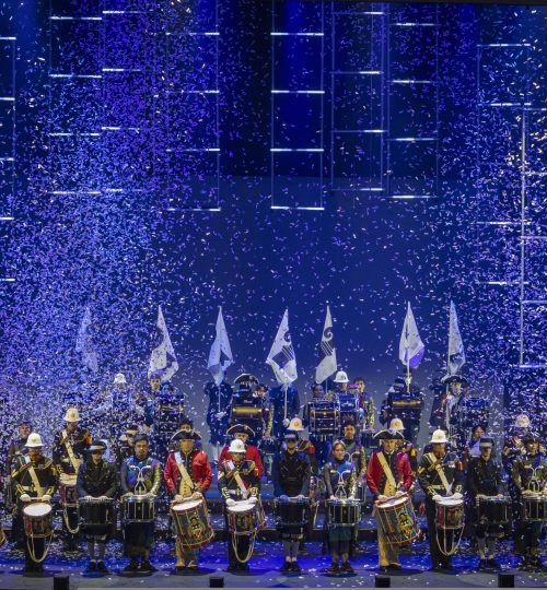 The Top Secret Drum Corps, Switzerland, The Blue Devils International Drum Corps, USA, The Old Guard Fife and Drum Corps, USA, and The Massed Corps of Drums of The Band of His Majesty&rsquo;s Royal Marines, United Kingdom, perform together on stage during the dress rehearsal for the show &ldquo;Top Secret and Friends&rdquo; on Thursday, September 10, 2026, at the Musical Theater Basel. The show runs from September 10 to 13, with around 10,000 visitors expected to attend the seven performances. (Handout/V-MEDIA/Patrick Straub)
